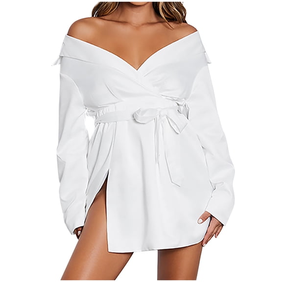 Women's Satin Silky Dress Wrap V Neck Tie Waist Long Sleeve Mini Short Dress Side Slit Cocktail Dress Clubwear