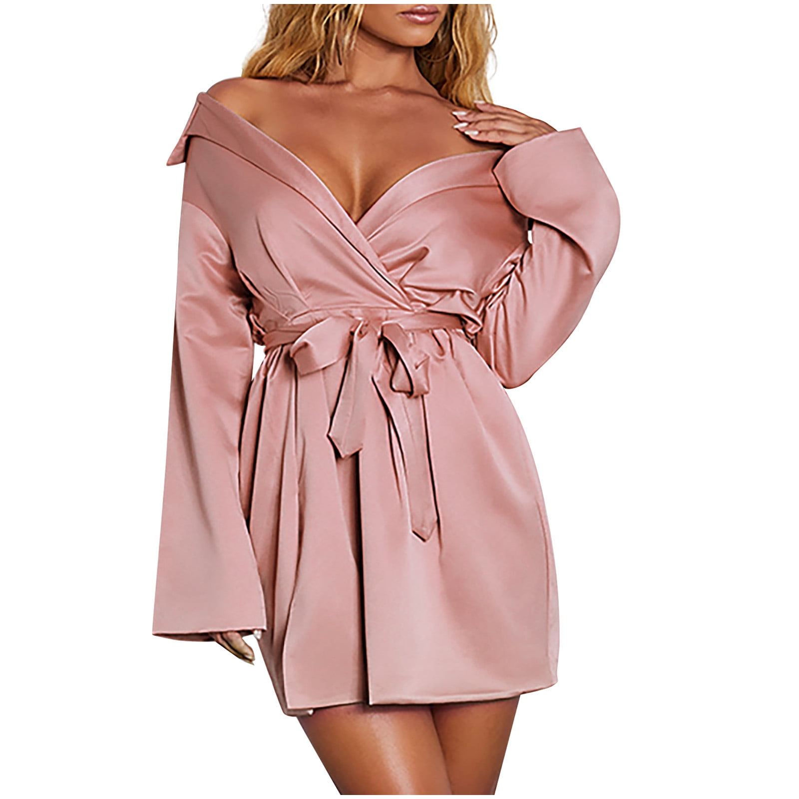 Women's Satin Silky Dress Wrap V Neck Tie Waist Long Sleeve Mini Short Dress  Side Slit Cocktail Dress Clubwear - Walmart.com