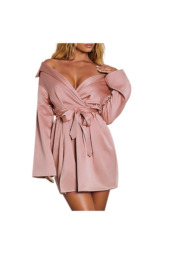 Women's Satin Silky Dress Wrap V Neck Tie Waist Long Sleeve Mini Short Dress Side Slit Cocktail Dress Clubwear