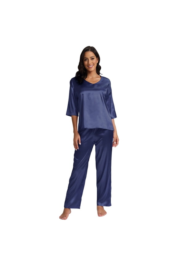 Women's Satin Silky Pajama Set 3/12 Sleeve Top with Long Pajama Pant Set Soft PJ Loungewear