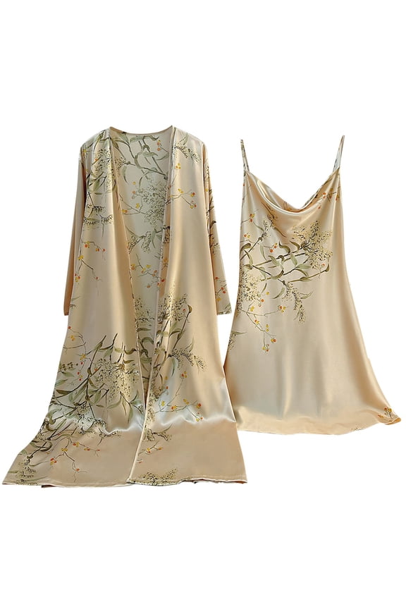 Women's Satin Silky Print Cami Nightgown with Robe Set 2 Piece Sleepwear Nightgown Kimonos