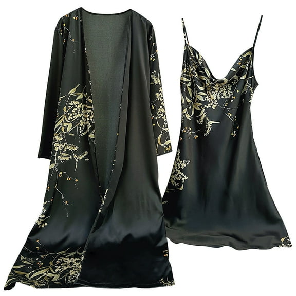 Women's Satin Silky Print Cami Nightgown with Robe Set 2 Piece Sleepwear Nightgown Kimonos