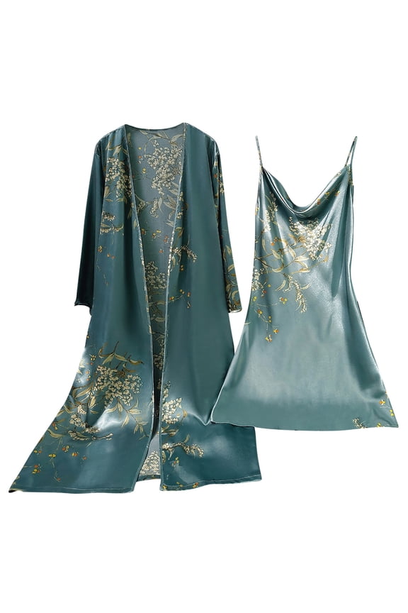 Women's Satin Silky Print Cami Nightgown with Robe Set 2 Piece Sleepwear Nightgown Kimonos