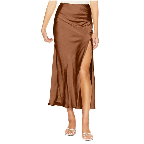 Women's Satin Skirt High Waist Ruffle Hidden Summer Flared Flowy Long A-Line Midi Skirts Satin High Split Maxi Skirt Elegant Office Work Formal Skirts