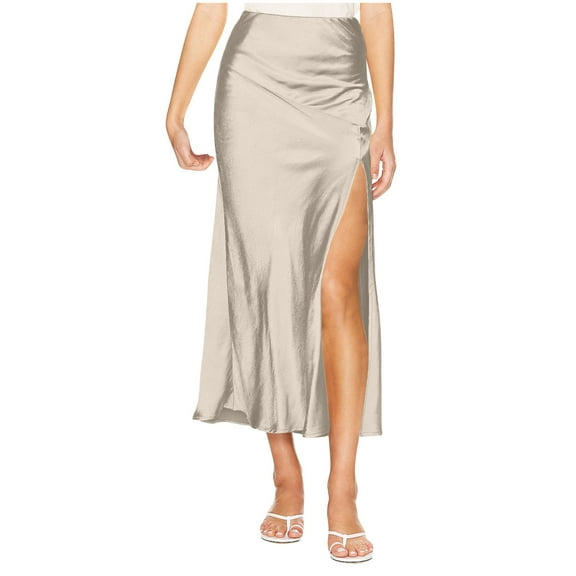 Women's Satin Skirt High Waist Ruffle Hidden Summer Flared Flowy Long A-Line Midi Skirts Satin High Split Maxi Skirt Elegant Office Work Formal Skirts