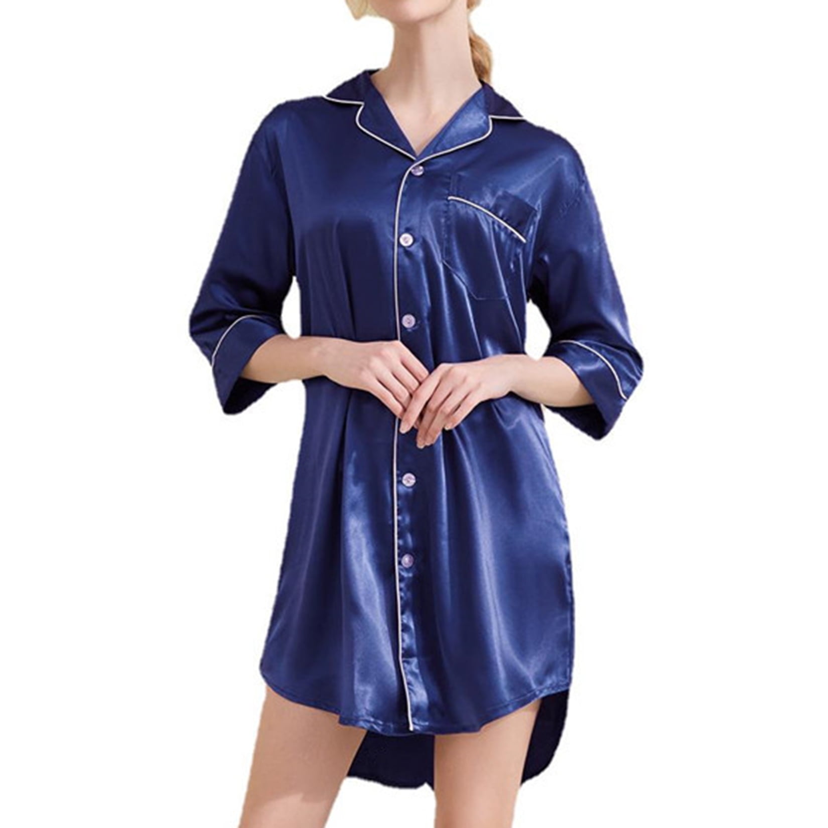 Women's Satin Sleep Shirt Button Down Sleepwear Lightweight Short Sleeping  Dress Collared 3/4 Sleeve Nightshirt Silk Summer Loungewear Lounge Navy