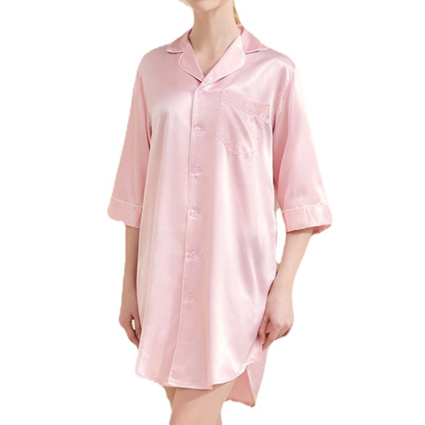  Nightgown For Women Satin Button Down Nightshirt Comfy Notch  Collar Loungewear Leaf Pink XXXL