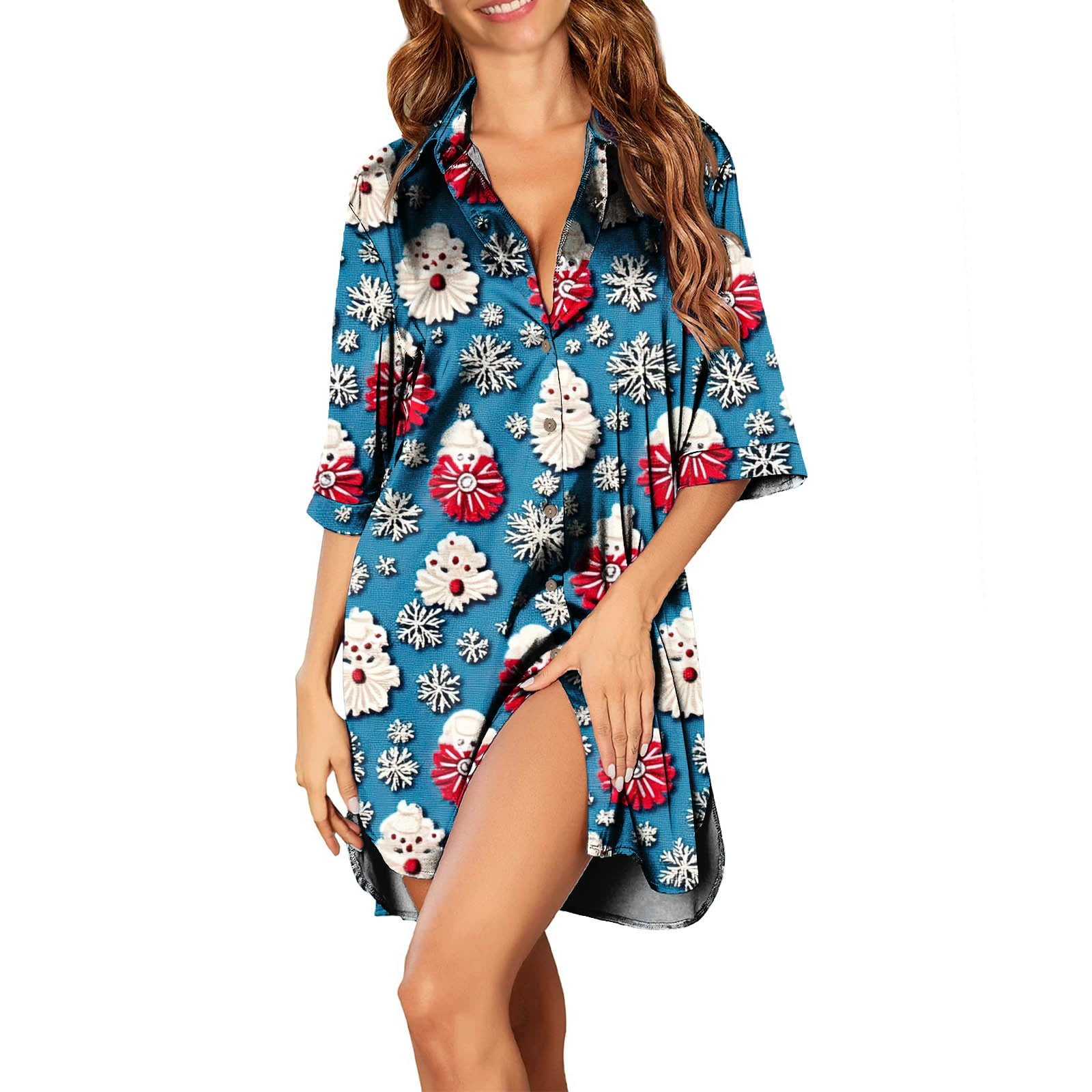 Women's Satin Sleep Shirt Christmas Tree Xmas Snowflake Print