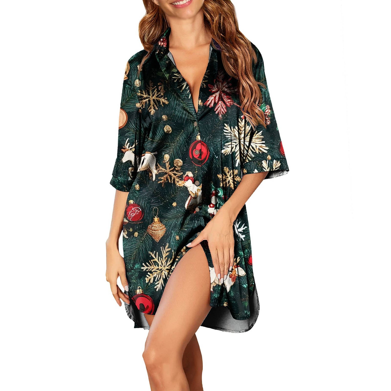 Women's Satin Sleep Shirt Christmas Tree Xmas Snowflake Print