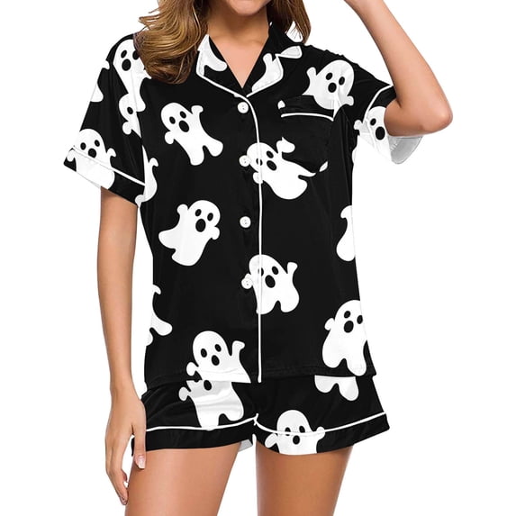 Women's Satin Sleepwear Button Down Short Sleeve Pajama Sets Halloween Cute Ghost Print 2 Piece Loungewear Shorts Set Lightweight Comfortable Summer Pjs Notch Collar