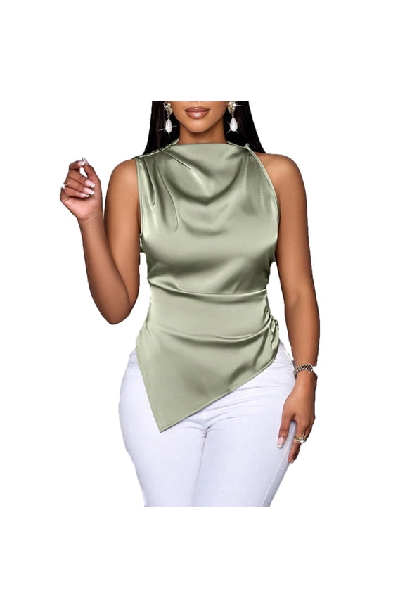 Women's Satin Sleeveless Blouse, Asymmetrical Mock Neck Slim Fit Dressy Casual Tunic Top,Green,Large