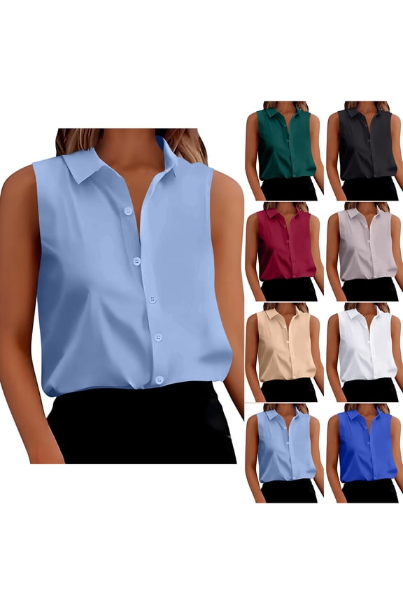 Women's Satin Sleeveless Blouse Shirt Top With Notch Lapel And Front Button Placket Elegant Business Casual Work Office Blouse | CSEONE,Blue L