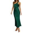 thumbnail image 1 of Women's Satin Sleeveless Elegant Backless Ruffle Maxi One Shoulder Formal Dress for Summer Green XL, 1 of 9
