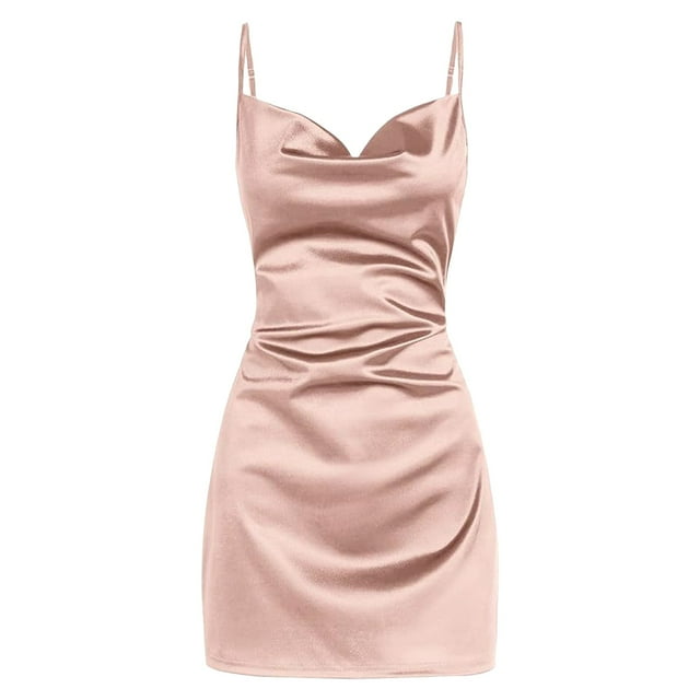 Women's Satin Sleeveless Spaghetti Strap Mini Dress Sexy Slip Cowl Neck ...