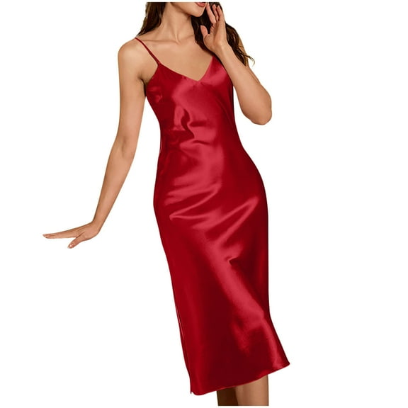 Women’s Satin Spaghetti Strap Midi Slip Dress – Luxurious V-Neck Sleep & Lounge Dress with Adjustable Straps