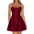 thumbnail image 1 of Women's Satin Spaghetti Strap Mini Dress Ruched Bust Fit and Flare Party Graduation Dress, 1 of 3