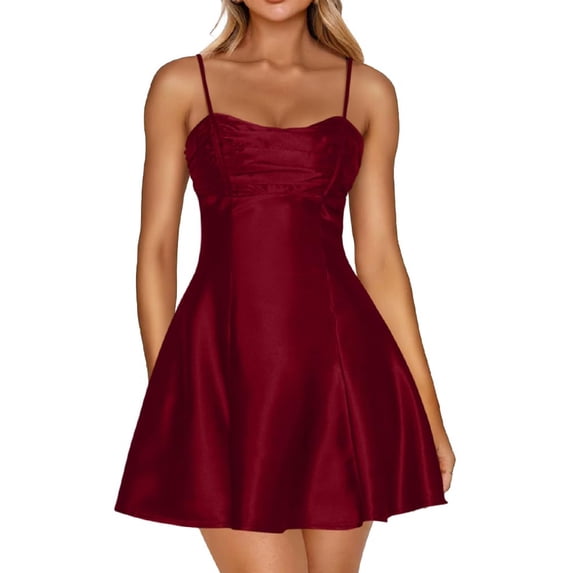 Women's Satin Spaghetti Strap Mini Dress Ruched Bust Fit and Flare Party Graduation Dress