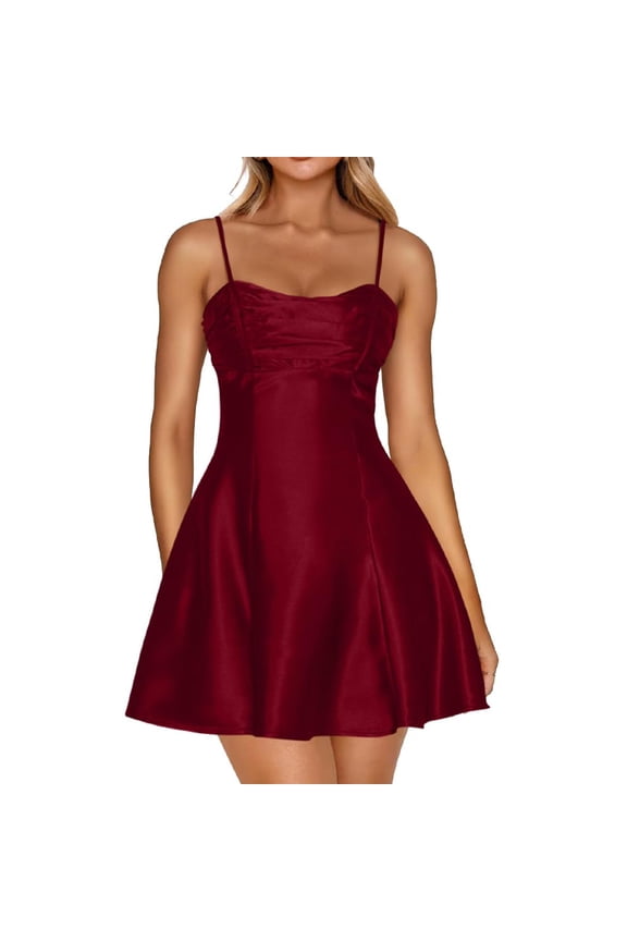Women's Satin Spaghetti Strap Mini Dress Ruched Bust Fit and Flare Party Graduation Dress