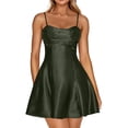 thumbnail image 1 of Women's Satin Spaghetti Strap Mini Dress Ruched Bust Fit and Flare Party Graduation Dress, 1 of 3
