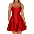 thumbnail image 1 of Women's Satin Spaghetti Strap Mini Dress Ruched Bust Fit and Flare Party Graduation Dress, 1 of 3