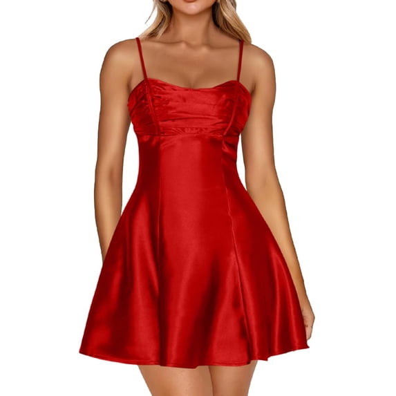 Women's Satin Spaghetti Strap Mini Dress Ruched Bust Fit and Flare Party Graduation Dress
