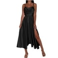 thumbnail image 1 of Women's Satin Strap Dresses Cowl Neck Backless Midi Long Dress Ruched High Slit Long Prom Dresses, 1 of 6