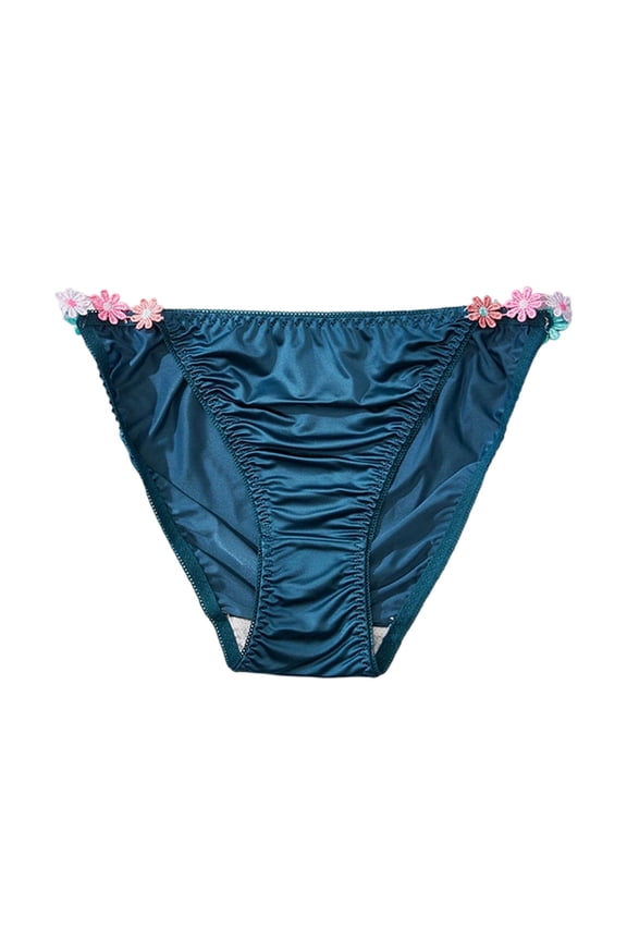 Women's Satin String Panties Lightweight Smooth Breathable Bikini Flower Tie-Side Underwear