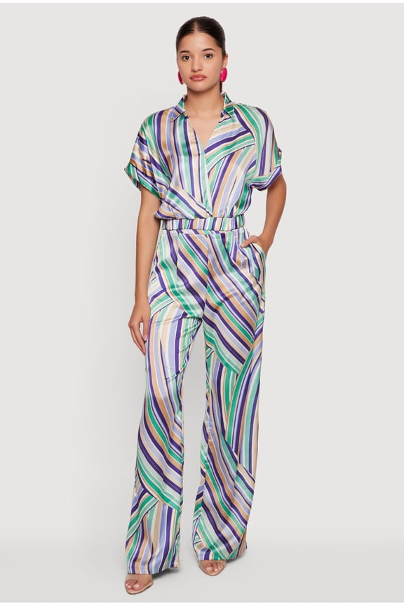 Women's Satin Striped High Waisted Wide Leg Pants