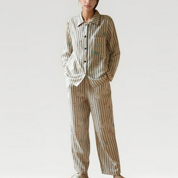 Women's Satin Striped Pajama Set with Button Up Long Sleeve Shirt and Illustrated Tree Print Pants - Small, White
