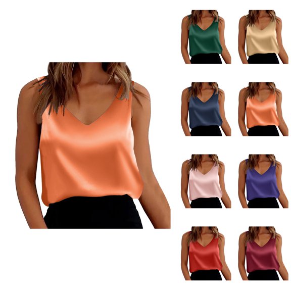 Women's Satin Tank Tops, Loose Fit Sleeveless V-Neck Camisole Blouse, Casual Summer Basic & Dressy Solid Shirt Top