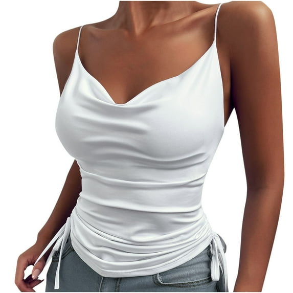 Women's Satin Tank Tops V Neck Camisole Soft Spaghetti Strap Loose Camisole Cowl Neck Cami Silk Sleeveless Blouses White,L