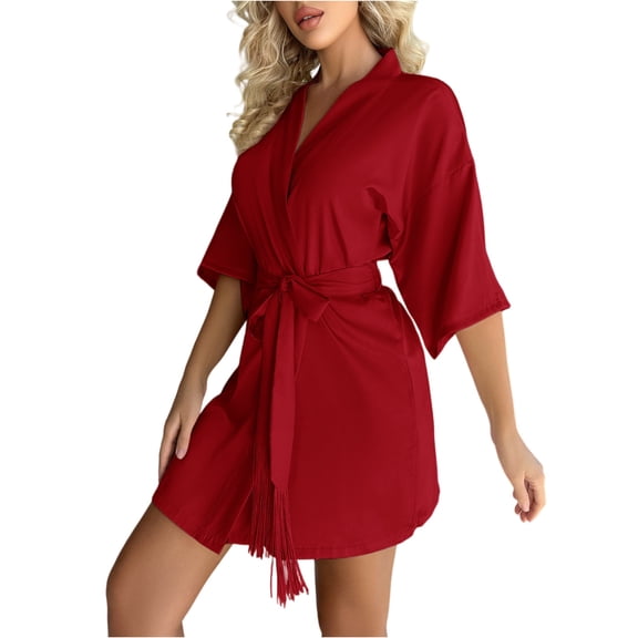 Women's Satin Tassel Robe - Mid-Sleeve Open Front Tie Homewear, Red, XL