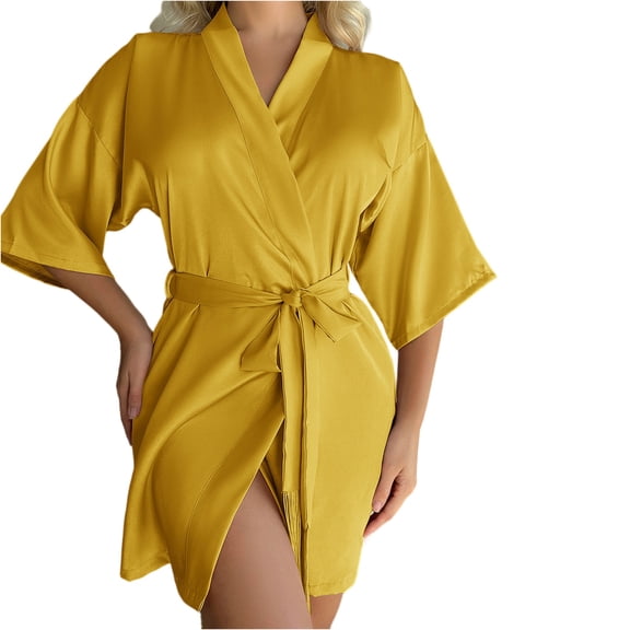 Women's Satin Tassel Robe - Mid-Sleeve Open Front Tie Homewear, Yellow, S
