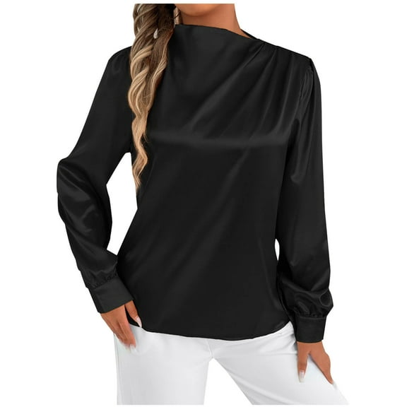 Women's Satin Tops Boat Neck Party Outfit Long Sleeve Dressy Casual Blouses Solid Color Fall Spring Clothes (L, Black)