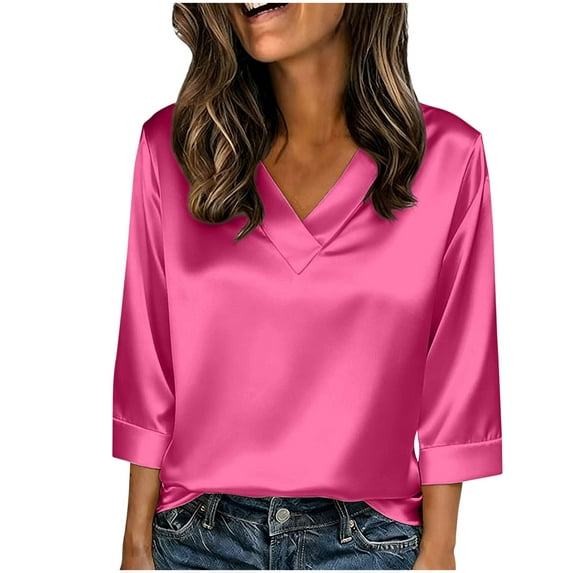 Women's Satin Tops Dressy Casual V Neck Blouses Silk Shirt 3/4 Sleeve Solid Color Spring Summer Loose Fit Tees (L, Hot Pink)