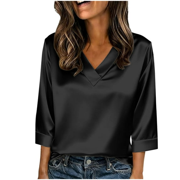 Women's Satin Tops Dressy Casual V Neck Blouses Silk Shirt 3/4 Sleeve Solid Color Spring Summer Loose Fit Tees (S, Black)