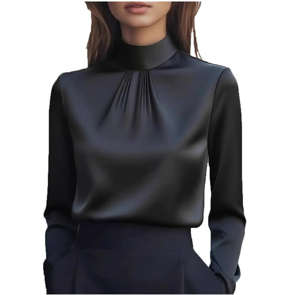 Women's Satin Turtleneck Blouse Elegant Long Sleeve Tops Office Formal Dress Shirts Black M