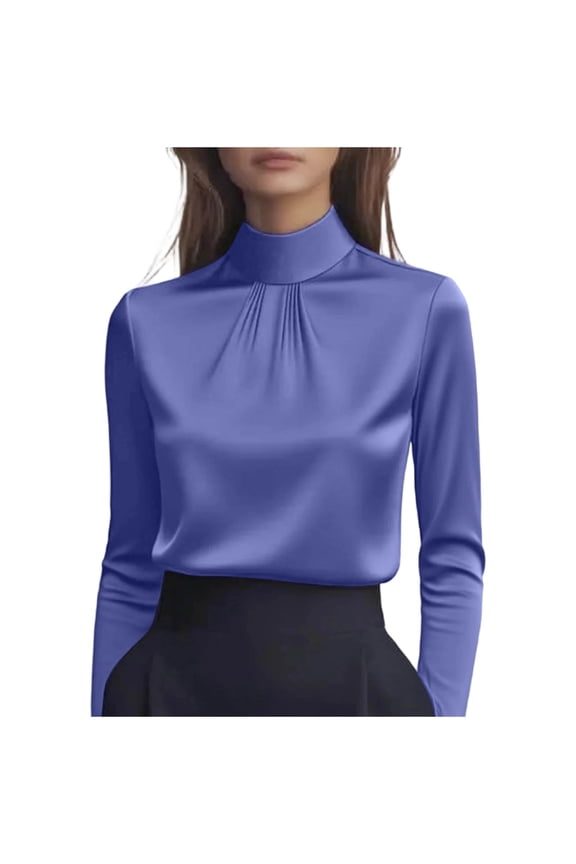 Women's Satin Turtleneck Blouse Elegant Long Sleeve Tops Office Formal Dress Shirts Purple XL