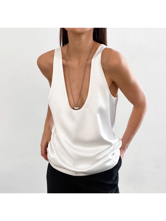 Women’s Satin U Neck Tank Top, Solid Sleeveless Loose Fit Casual Blouse