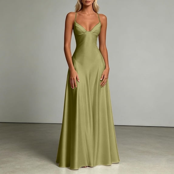 Women's Satin V Neck A-Line Gown – Elegant Evening Party Dress in Sizes XS-XL, Versatile Formal Occasion Wear for Prom Wedding