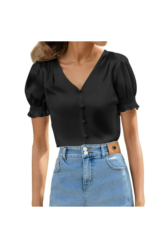 Women's Satin V-Neck Button-Up Blouse Casual Short Sleeve with Ruffle Hem, French Style Fashion Top, for Work & Outings, Polyester Material