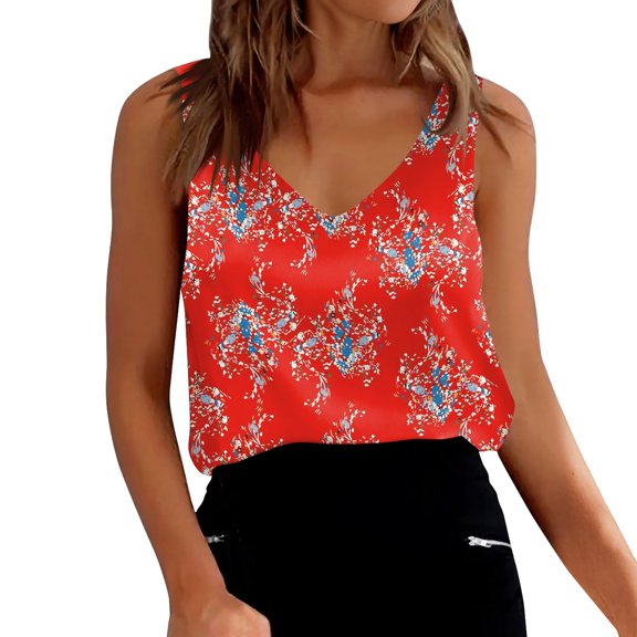 Women's Satin V-Neck Camisole Top, Floral Print Summer Basic Tank for Casual Outfits or Evening Wear,Red 2XL