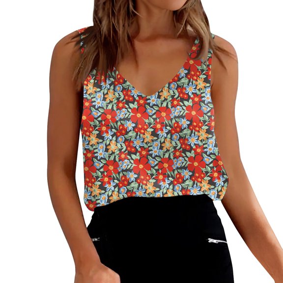 Women's Satin V-Neck Camisole Top, Floral Print Summer Basic Tank for Casual Outfits or Evening Wear,Vermilion 2XL