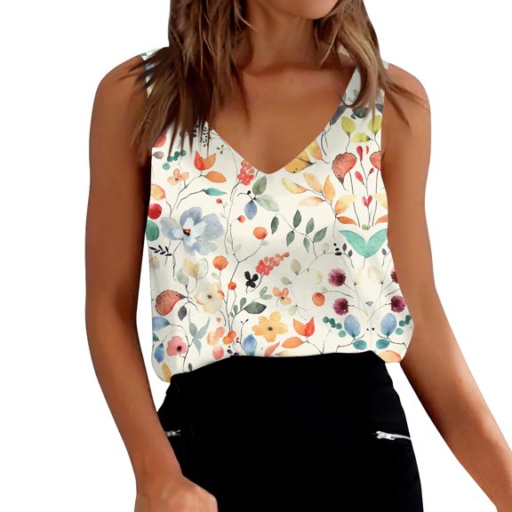 Women's Satin V-Neck Camisole Top, Floral Print Summer Basic Tank for Casual Outfits or Evening Wear,Yellow 2XL