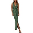 thumbnail image 1 of Women's Satin V Neck High Low Sleeveless Ruched Bodycon Midi Dress Summer 2023 Twist Front V Neck Sleeveless Split Maxi Dresses, 1 of 17