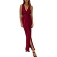 thumbnail image 1 of Women's Satin V Neck High Low Sleeveless Ruched Bodycon Midi Dress Summer 2023 Twist Front V Neck Sleeveless Split Maxi Dresses, 1 of 17
