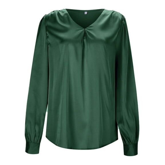 Women's Satin V Neck Shirts Elegant V Neck Pleated Long Sleeve Blouses Casual Loose Fit Solid Dressy Work Tops,Green,L