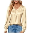 thumbnail image 1 of Women's Satin V Neck Shirts Elegant V Neck Pleated Long Sleeve Blouses Casual Loose Fit Solid Dressy Work Tops Women Athletic Shirt Short Pack Long Sleeve Women Running Summer Tops for Women Casual, 1 of 6