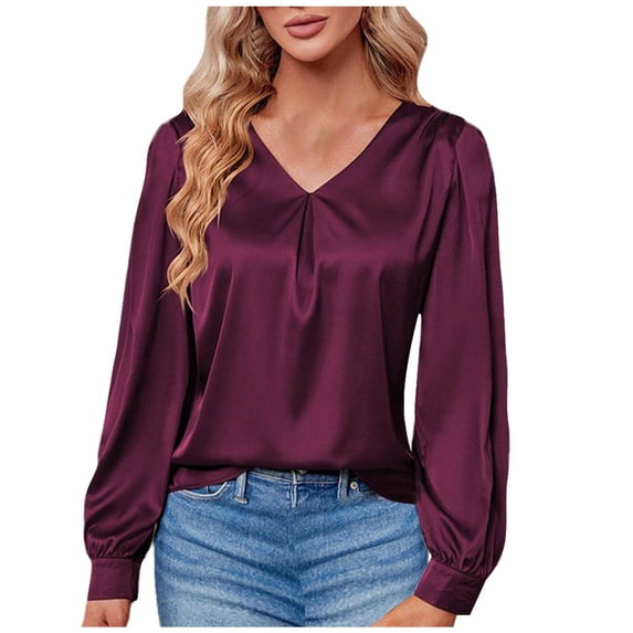 Women's Satin V Neck Shirts Elegant V Neck Pleated Long Sleeve Blouses Casual Loose Fit Solid Dressy Work Tops Women Athletic Shirt Short Pack Long Sleeve Women Running Summer Tops for Women Casual