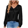thumbnail image 1 of Women's Satin V Neck Shirts Elegant V Neck Pleated Long Sleeve Blouses Casual Loose Fit Solid Dressy Work Tops Women Athletic Shirt Short Pack Long Sleeve Women Running Summer Tops for Women Casual, 1 of 6